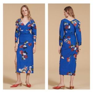 ZARA COLLECTION Limited Edition, Rare, Printed Draped Royal Blue Floral Midi, S